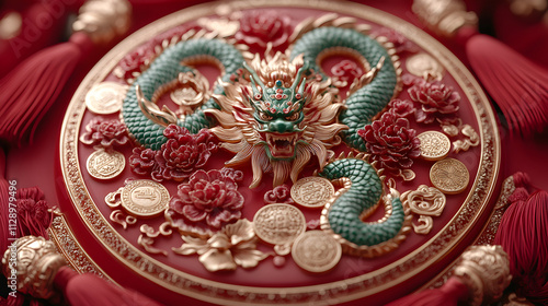 Wallpaper Mural Intricate Dragon and Coins Design on a Red Circular Ornament: A Close-Up View of Exquisite Chinese Craftsmanship Torontodigital.ca
