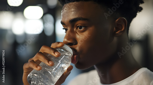 A young athlete drinking water and swallowing a supplement in a gym. photo