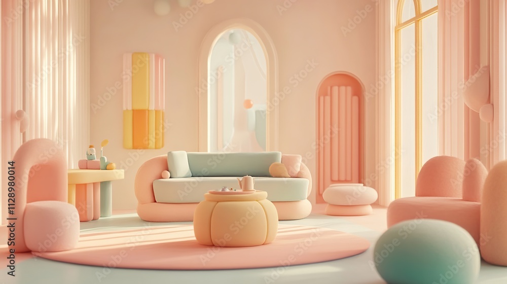A pastel-colored, whimsical living room with soft furniture and bright decor. A pastel-colored, whimsical living room with soft furniture and bright decor.