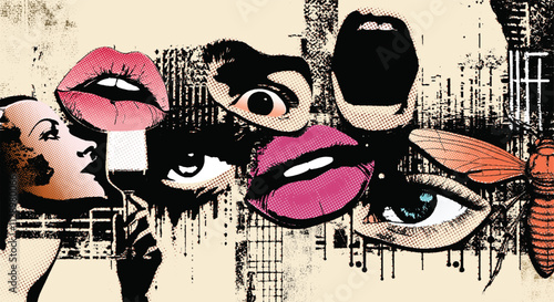 Abstract collage of faces and emotions - grunge and surreal expressionism illustration.