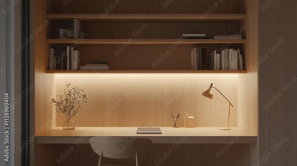 A minimalist workspace featuring wooden desk, shelves filled with books, and soft lighting creates serene atmosphere for productivity. elegant design promotes focus and calmness A minimalist workspace featuring wooden desk, shelves filled with books, and soft lighting creates serene atmosphere for productivity. elegant design promotes focus and calmness