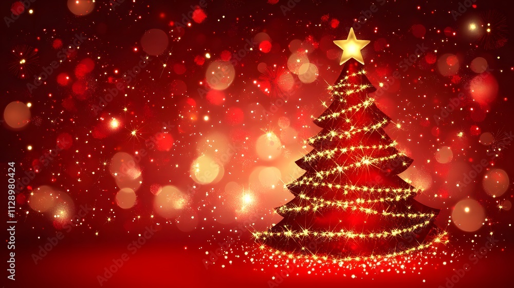 Beautifully Decorated Christmas Tree with Glowing Lights and a Star on Top Against a Vibrant Red Background Filled with Bokeh and Glittering Effects for Holiday Celebrations Beautifully Decorated Christmas Tree with Glowing Lights and a Star on Top Against a Vibrant Red Background Filled with Bokeh and Glittering Effects for Holiday Celebrations