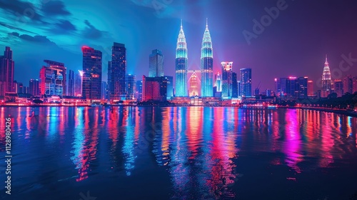 Fototapeta Naklejka Na Ścianę i Meble -  Vibrant city skyline at twilight, illuminated skyscrapers reflected in calm water.