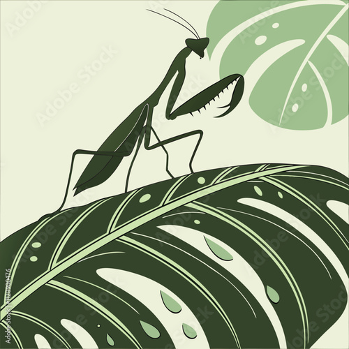 Silhouette of a praying mantis perched on a large tropical leaf Graceful Mantis Perched on Exotic Foliage Vector