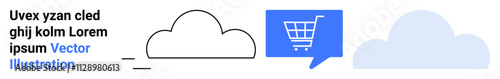 Black outlined blue cloud with shopping cart in speech bubble, and completed cloud in light blue. Ideal for cloud storage, e-commerce, cloud integration, online shopping, digital marketing
