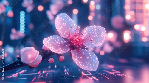 Glowing digital cherry blossom on futuristic surface.