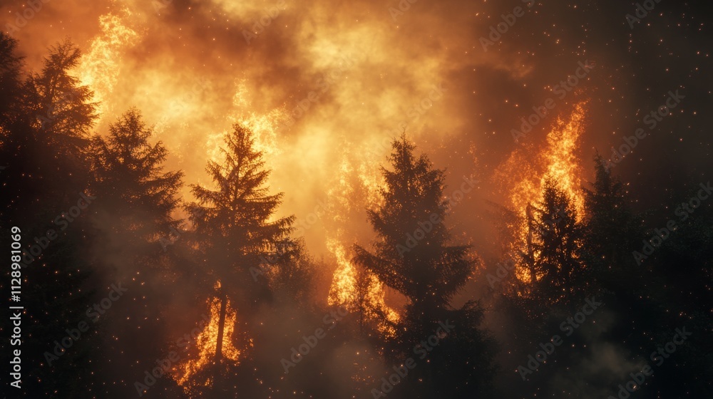 Fototapeta premium Wildfire devastation forested area visual content nighttime scene dramatic viewpoint environmental crisis