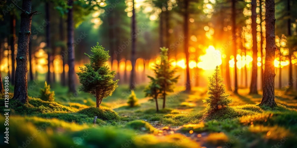 Obraz premium Enchanted Forest Sunset with Tilt-Shift Photography Capturing the Magic of Twilight in Nature, Soft Light Filtering Through Trees, and Dreamy Atmosphere for Serene Outdoor Scenes