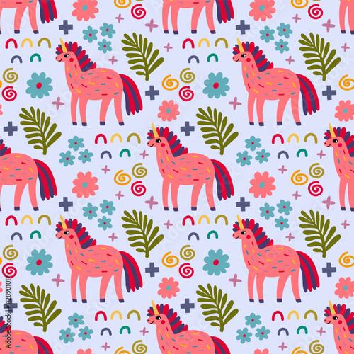 Festive seamless pattern with unicorns, flowers and different color elements. Vector illustration unicorns.