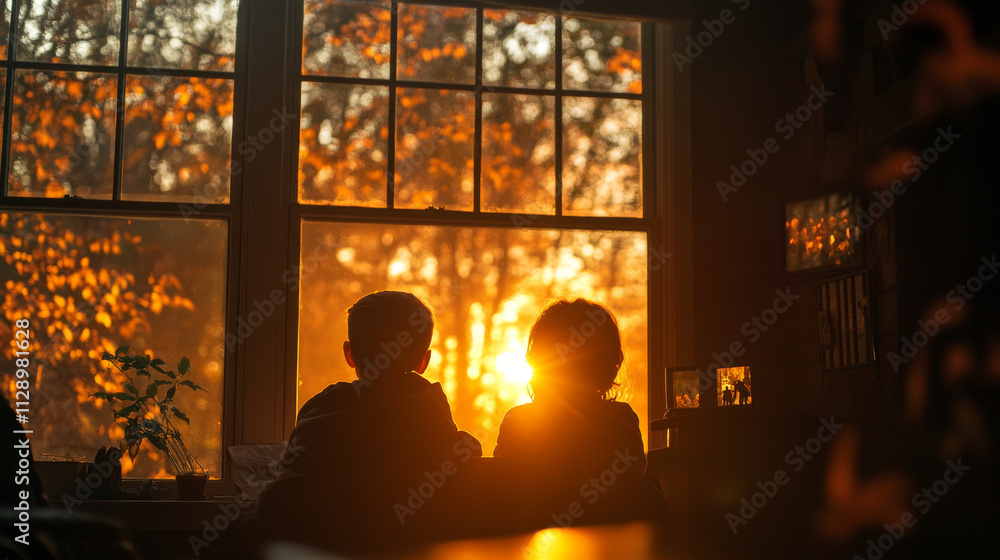 warm glow of sunset fills room as two children sit together, gazing out window, creating moment of connection and wonder warm glow of sunset fills room as two children sit together, gazing out window, creating moment of connection and wonder