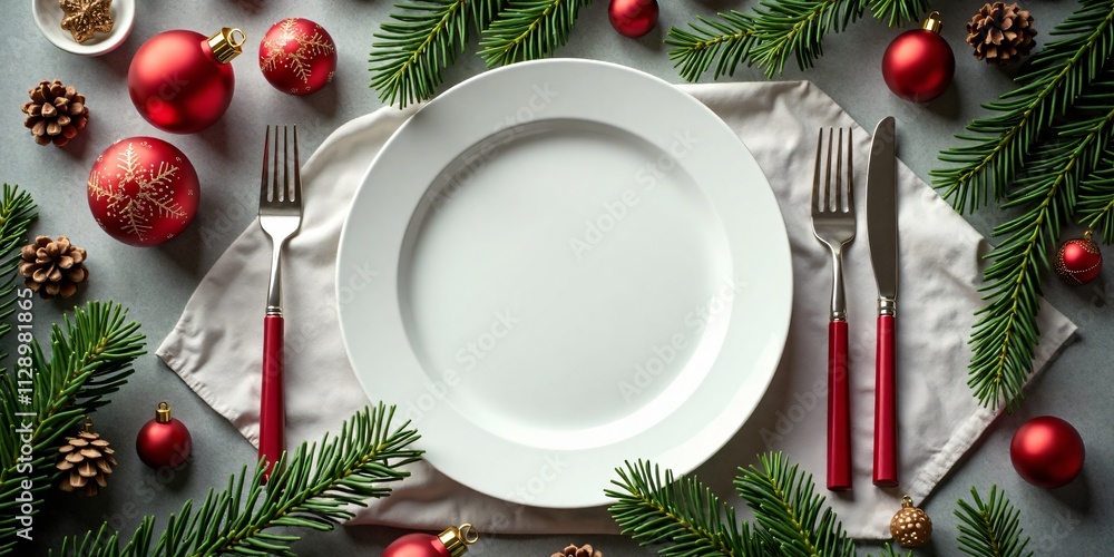 Christmas banner featuring a dinner table setting frame with an empty plate, cutlery, Christmas toys, and a fir tree, set against a winter holidays background with copy space for texts. Christmas banner featuring a dinner table setting frame with an empty plate, cutlery, Christmas toys, and a fir tree, set against a winter holidays background with copy space for texts.