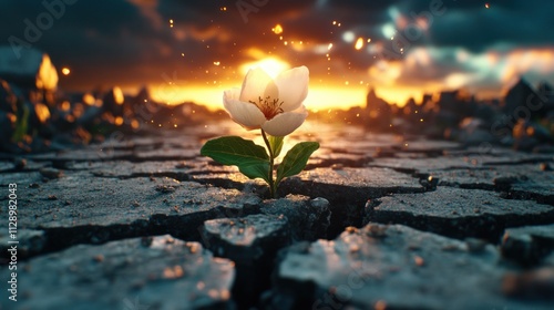 A delicate white flower bravely pushes through cracked concrete, symbolizing empathy, unwavering trust, and incredible resilience a powerful image representing hope, strength, and the human spirit's photo