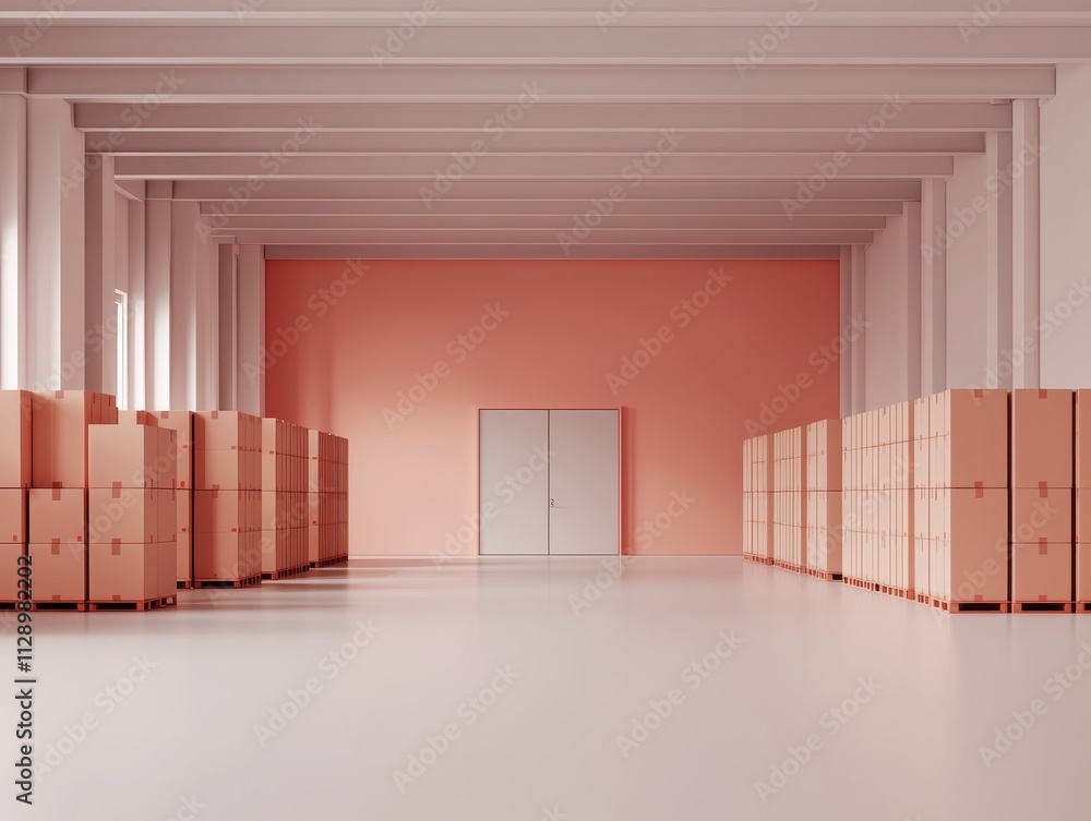 A spacious, minimalist storage area featuring wooden crates against a pastel-colored wall and bright, open architecture. A spacious, minimalist storage area featuring wooden crates against a pastel-colored wall and bright, open architecture.