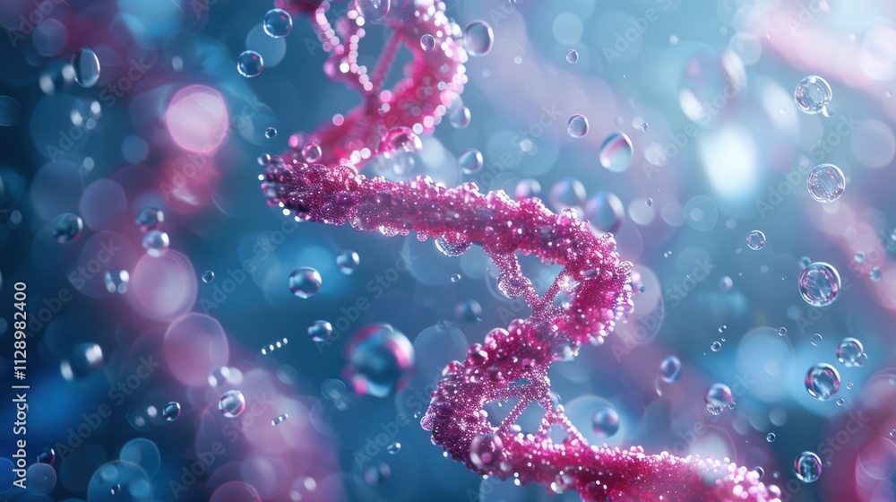 Elegant spiral of rainbow DNA double helix with light bokeh and bubbles, creating a serene blue scene Elegant spiral of rainbow DNA double helix with light bokeh and bubbles, creating a serene blue scene