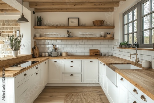 Rustic farmhouse kitchen with white cabinets, wooden countertops, and open shelving.