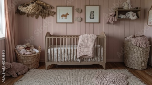 A beautiful Scandinavian nursery featuring a soft pink color palette, a wooden crib, and plush toys arranged invitingly, offering a cozy atmosphere for kids. photo