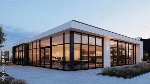 Modern architectural design showcases sleek building with large glass windows, reflecting serene evening atmosphere. structure features minimalist style, surrounded by landscaped greenery