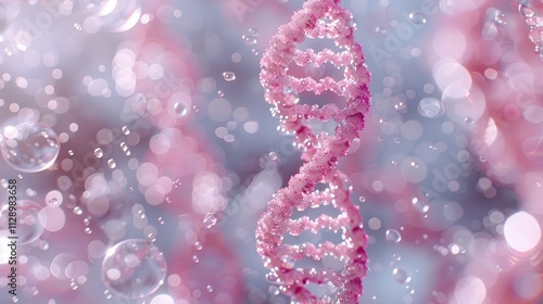 Elegant spiral of rainbow DNA double helix with light bokeh and bubbles, creating a serene blue scene