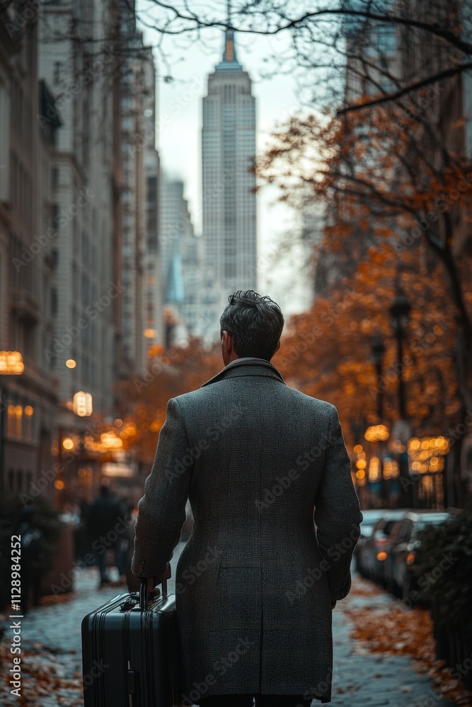 an male employee is carrying his work suitcase as he goes to work walking in the city in Autumn. an male employee is carrying his work suitcase as he goes to work walking in the city in Autumn.