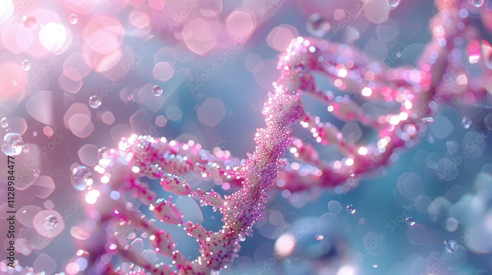 Elegant spiral of rainbow DNA double helix with light bokeh and bubbles, creating a serene blue scene Elegant spiral of rainbow DNA double helix with light bokeh and bubbles, creating a serene blue scene