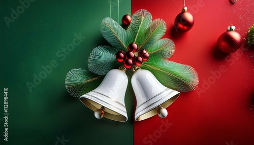 charming holiday scene featuring festive decorations with white bells and vibrant red and green backgrounds