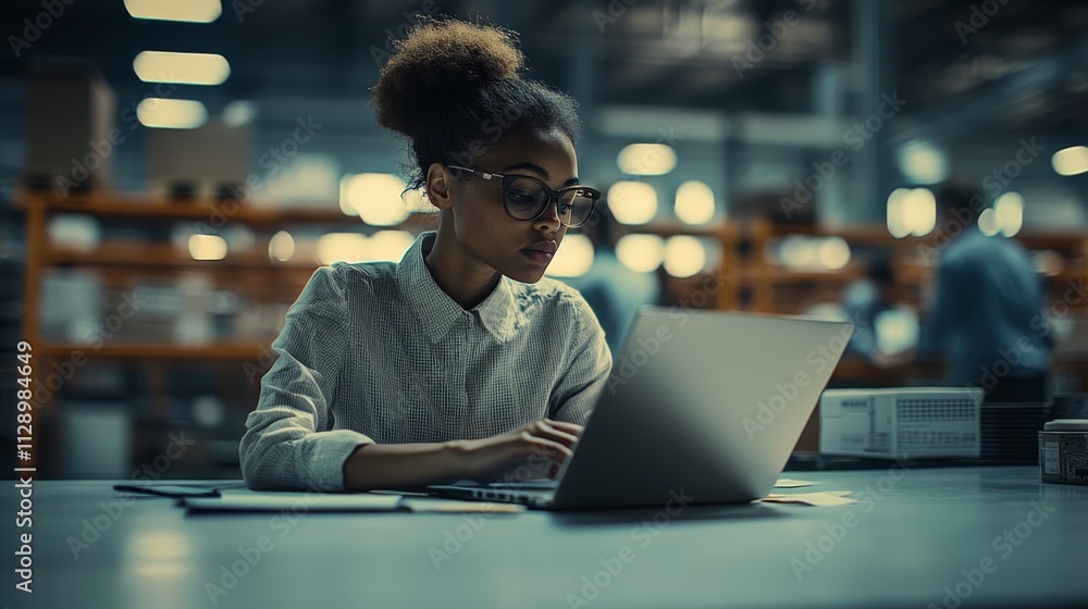 A woman in an industrial setting works intently on a laptop, conveying dedication and concentration, with bright overhead lights illuminating her and the surrounding space. A woman in an industrial setting works intently on a laptop, conveying dedication and concentration, with bright overhead lights illuminating her and the surrounding space.