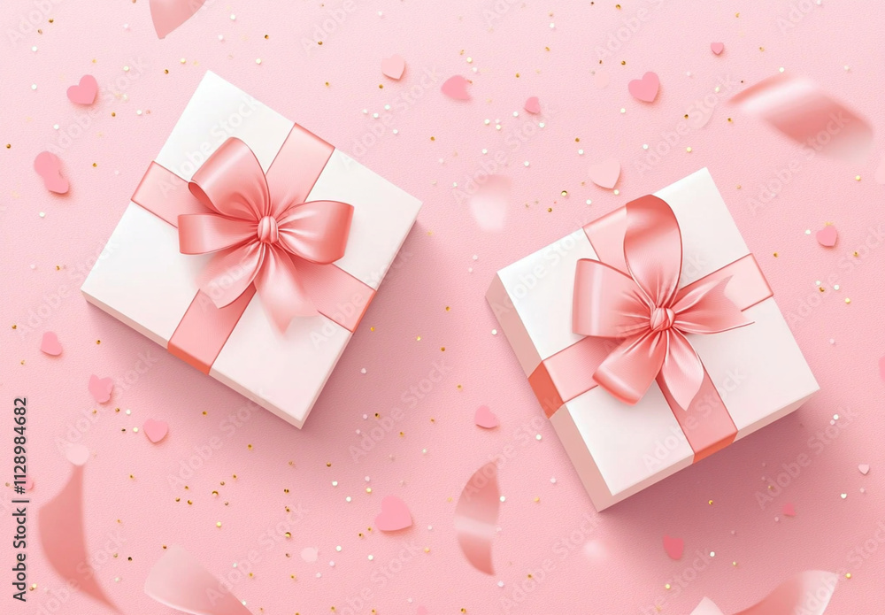Gift boxes with pink ribbons on pink background, surrounded by hearts and confetti, create festive and joyful atmosphere perfect for celebrations Gift boxes with pink ribbons on pink background, surrounded by hearts and confetti, create festive and joyful atmosphere perfect for celebrations