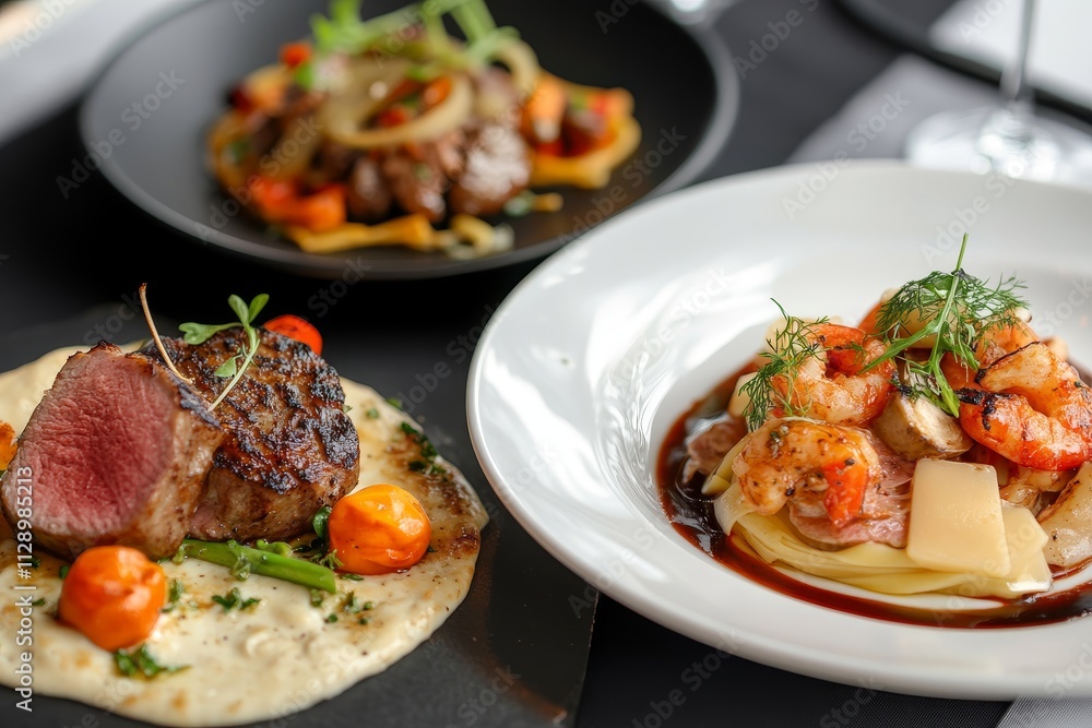 Gourmet meal grilled steak, shrimp pasta, and beef dish. Gourmet meal grilled steak, shrimp pasta, and beef dish.