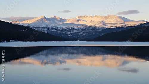 Serene winter sunrise over snow-capped mountains reflected in a still lake.