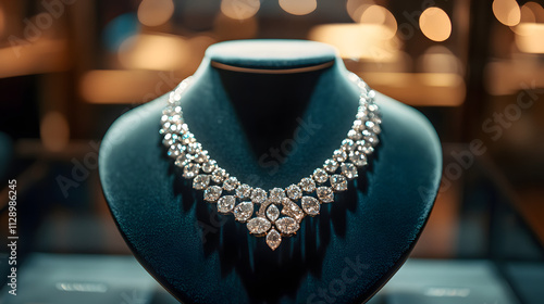 An opulent display of a diamond necklace in a velvet-lined glass case. photo