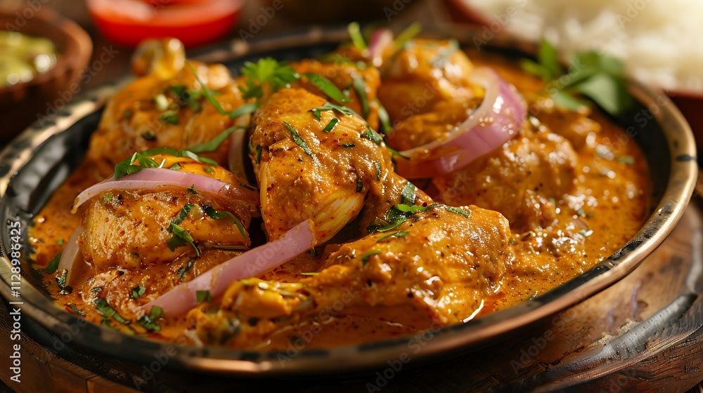 A platter of chicken with onions and spices in a velvety sauce A platter of chicken with onions and spices in a velvety sauce