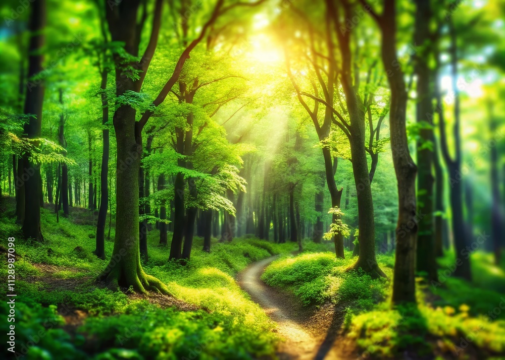 Naklejka premium Enchanting Forest Landscape with Tilt-Shift Photography Style Depicting Lush Green Trees and Vibrant Nature Elements for Creative Projects and Illustrations