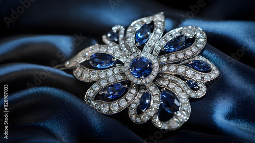 A bold diamond and sapphire brooch elegantly placed on dark silk. photo