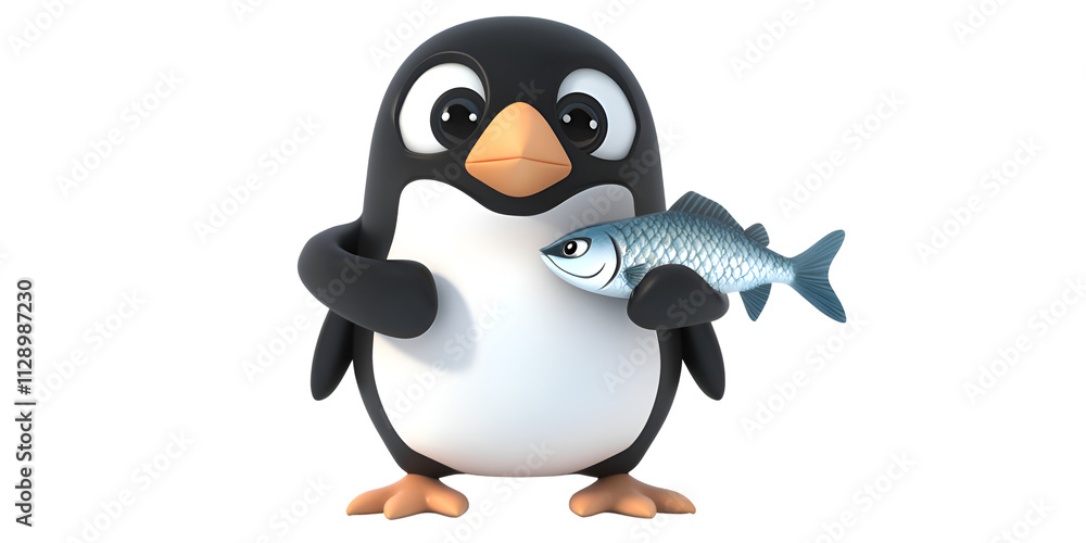 Obraz premium 3D Cartoon Penguin Holding a Fish