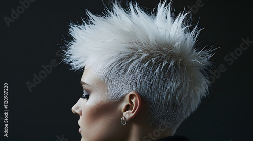 A bold edgy shot of platinum white hair styled into a spiky faux hawk. photo