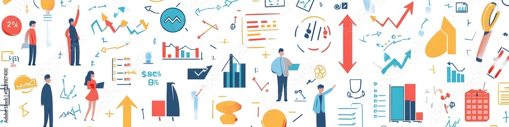 A seamless design of teamwork icons, financial arrows, and statistical charts, representing corporate harmony and progress. Vector art, 4k resolution, white background A seamless design of teamwork icons, financial arrows, and statistical charts, representing corporate harmony and progress. Vector art, 4k resolution, white background