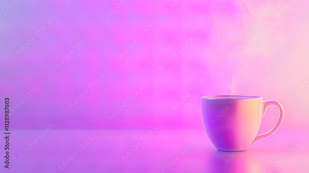 A steaming cup of coffee sits on a table against a vibrant purple and pink background. A steaming cup of coffee sits on a table against a vibrant purple and pink background.