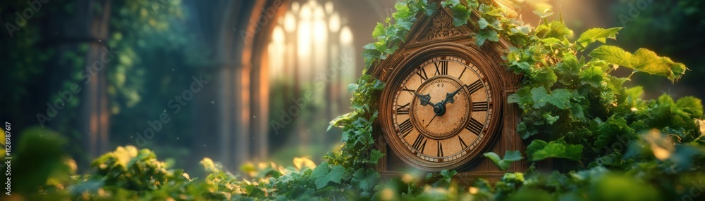 Fototapeta premium Timeless Elegance A weathered clock tower, embraced by flourishing vines, symbolizes the enduring passage of time, sustainable design, and the built environment's remarkable durability This image