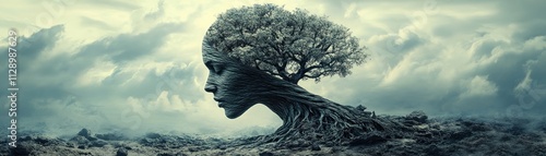 Surreal Mind Bloom A Tree of Self-Awareness, Consciousness, and Organic Growth in a Dreamlike Landscape This evocative digital art depicts the human mind's journey of self-discovery, showcasing the photo