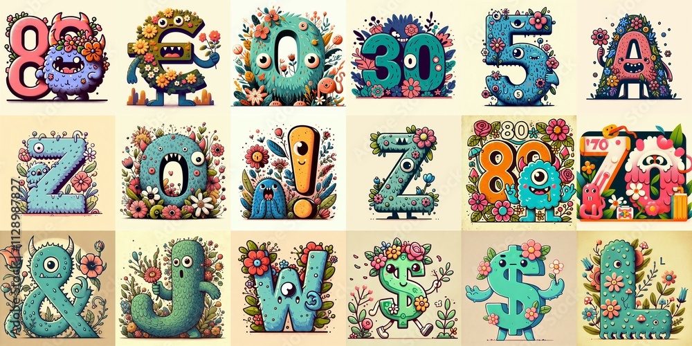 Naklejka premium Cartoon Flowers Monster Lettering Typeface. AI generated illustration