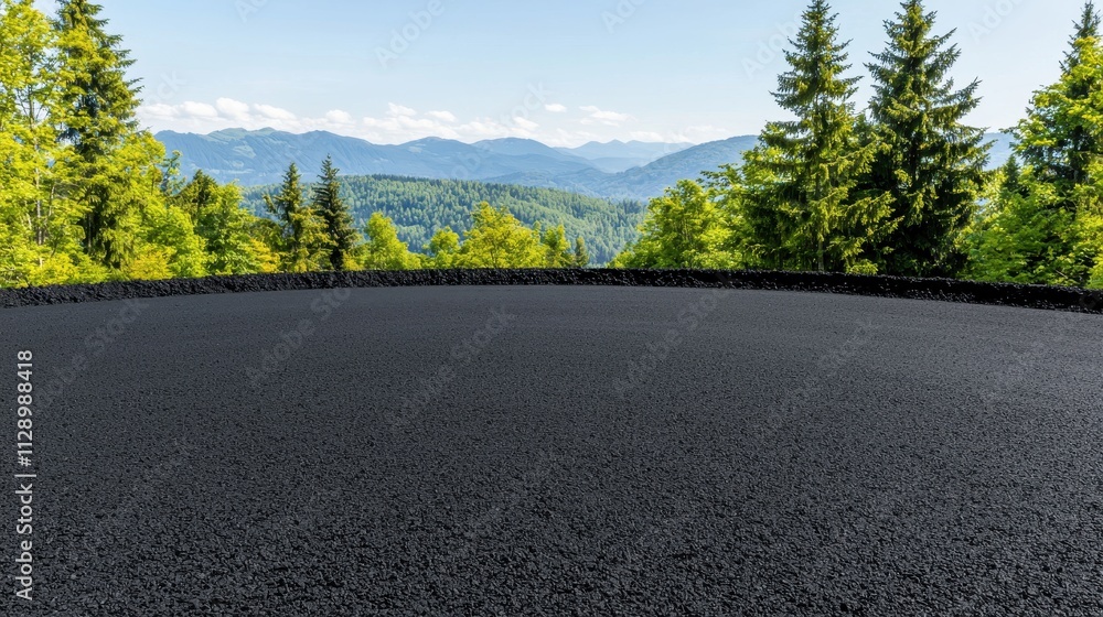 A black asphalt field with trees in the background A black asphalt field with trees in the background