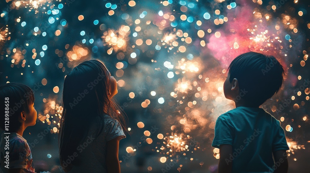 Three Children Awestruck by a Vivid Fireworks Display at Night Three Children Awestruck by a Vivid Fireworks Display at Night