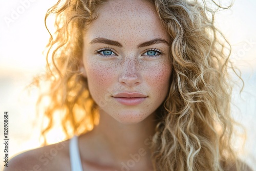 Portrait of a woman with long blond curly hair, clear blue eyes, freckles on cheeks, standing on an Australian beach, white tank top, sun shining on her face 4 photo