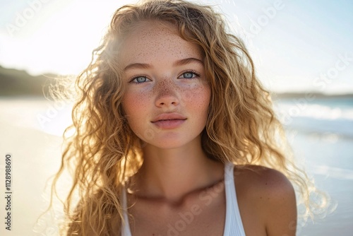 Portrait of a woman with long blond curly hair, clear blue eyes, freckles on cheeks, standing on an Australian beach, white tank top, sun shining on her face 1