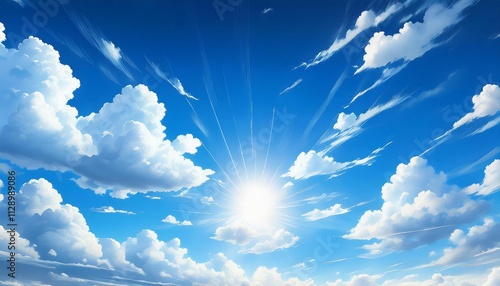 blue sky with clouds anime style background with shining sun and white fluffy clouds sunny