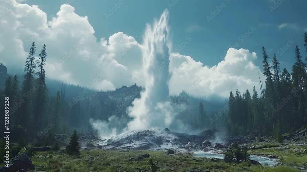 Majestic Geyser Eruption in Mountain Landscape Illustration Majestic Geyser Eruption in Mountain Landscape Illustration