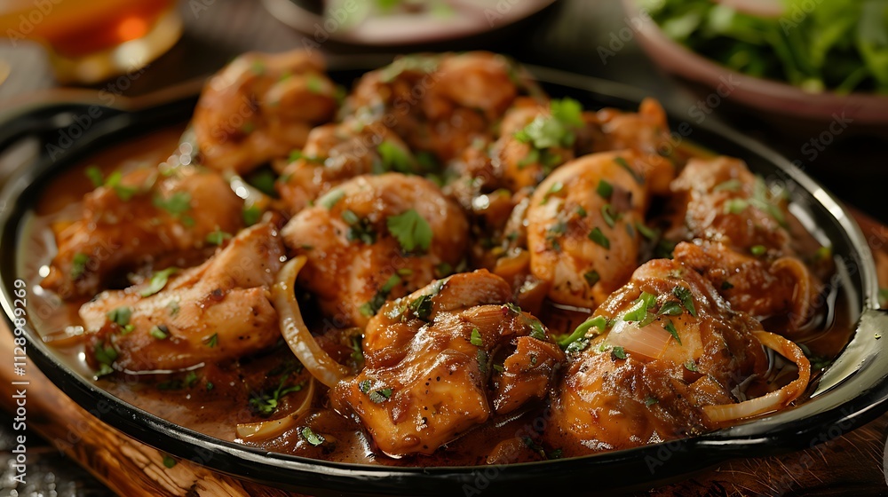 A platter of chicken with onions and spices in a velvety sauce A platter of chicken with onions and spices in a velvety sauce