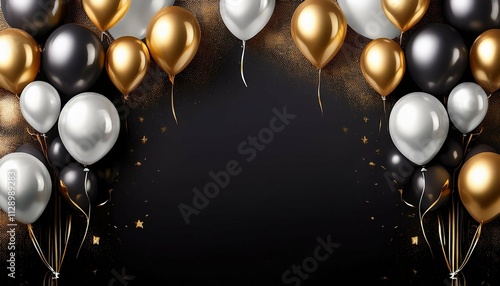 black background with gold and silver balloons birthday banner copy space backdrop generative ai