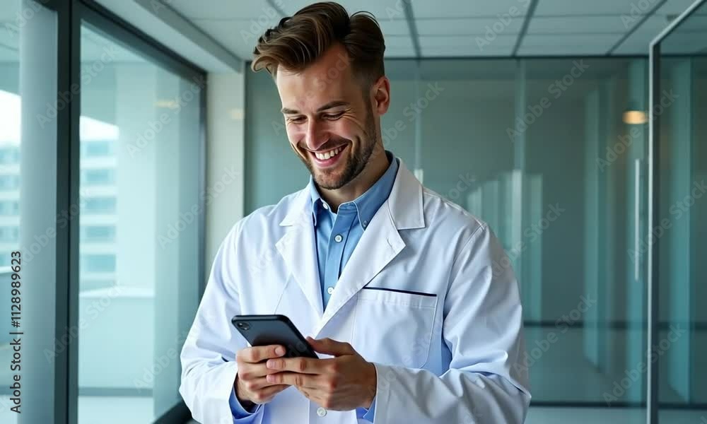 Portait of young male doctor in white coat smiling, holding his smartphone with both hands, using medical app
Portait of young male doctor in white coat smiling, holding his smartphone with both hands, using medical app