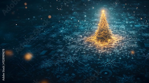 Aerial abstraction of a Christmas tree with a faint glow, surrounded by intricate snowflake-like patterns on the ground. Cinematic Scene 4k resolution, cinematic scene photo